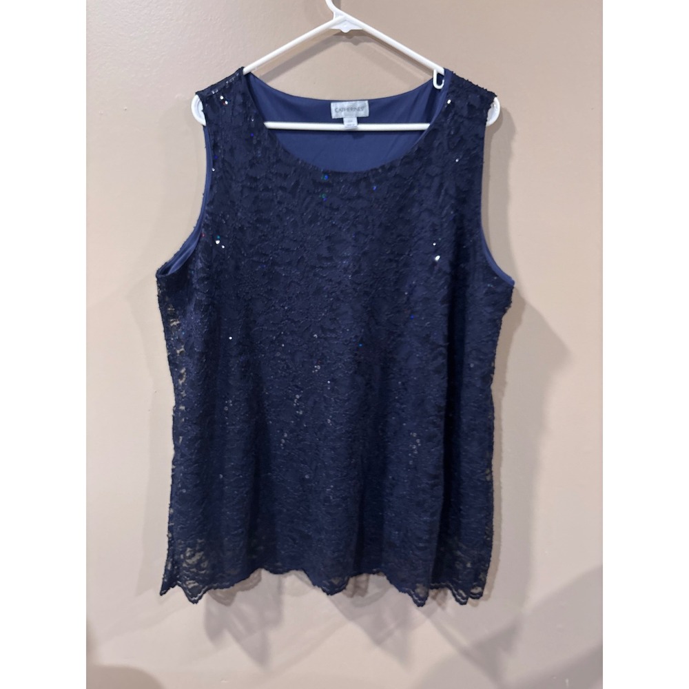 Catherines Navy Blue Lace Sequin Sleeveless Blouse Plus Size 22W Scoop Neck Top